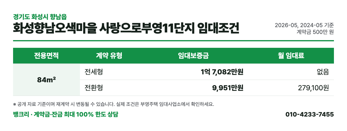 화성향남오색마을 사랑으로부영11단지 임대조건