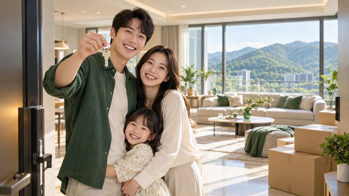 월산부영 입주잔금 대출로 새 아파트 열쇠를 받는 가족 이미지